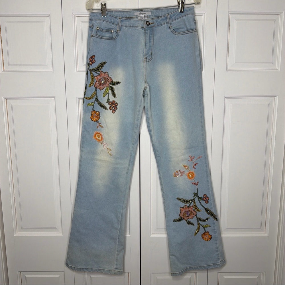Women’s Floral Embellished Light Blue Boot Cut Jeans Size 10 Hippie Stretch Boho